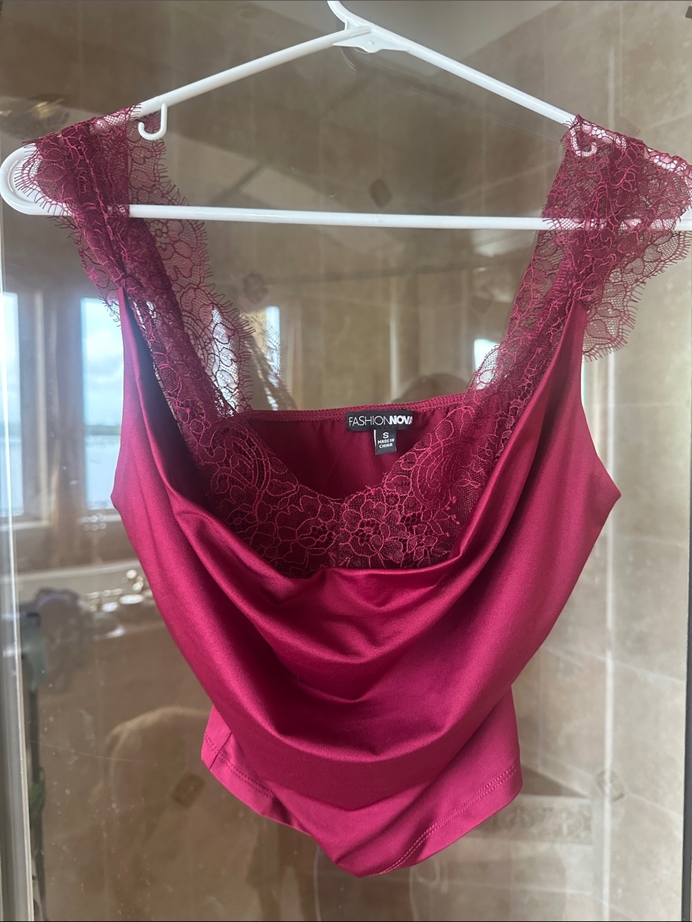 Fashion Nova Wine Lace-Trim Satin Cowl Neck Blouse